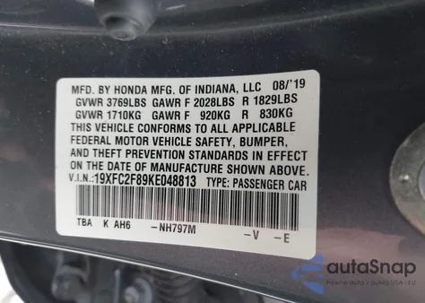 2019 Honda Civic Sport z USA, uszkodzony, nr VIN 19XFC2F89KE048813